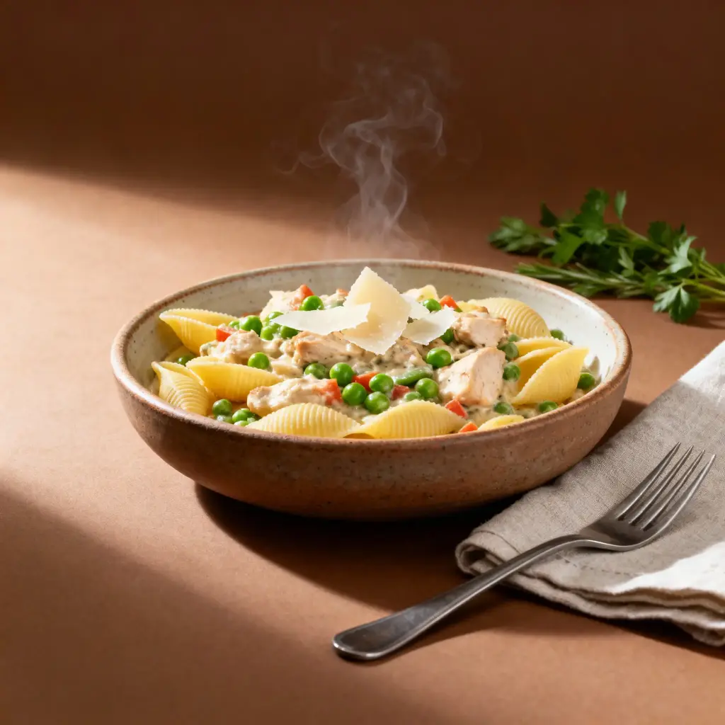 Conchiglie aux petits pois et petits légumes, poulet à la crème