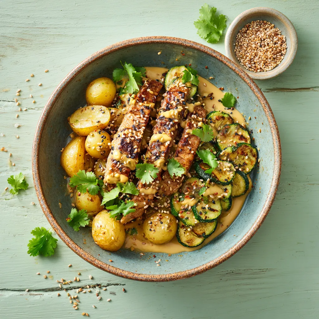 Emincé de blé sauce moutarde à l'ancienne, poëlée de pomme de terre grenailles et courgettes confites