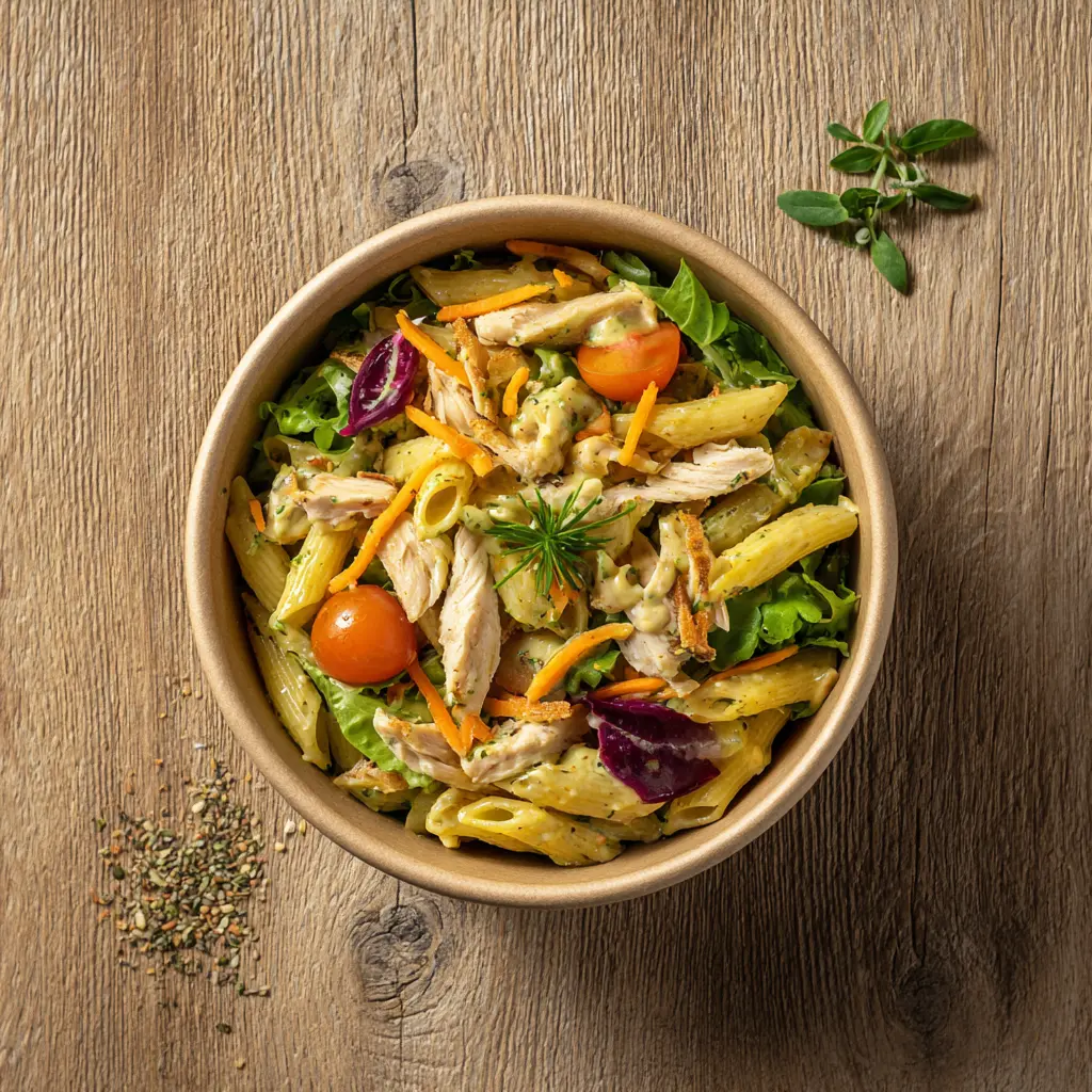 [6350] Fraich'Bol Dijonnais (Mini Penne, poulet, salade, carotte,tomate,oignons frits, sauce 2 moutardes)