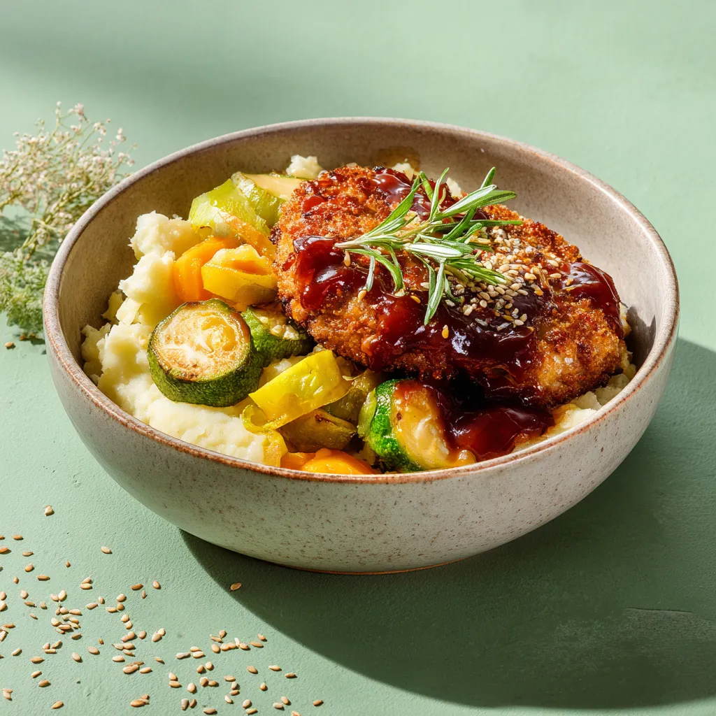 Pané de blé à l'Américaine, sauté de légumes glacés et purée de pomme de terre