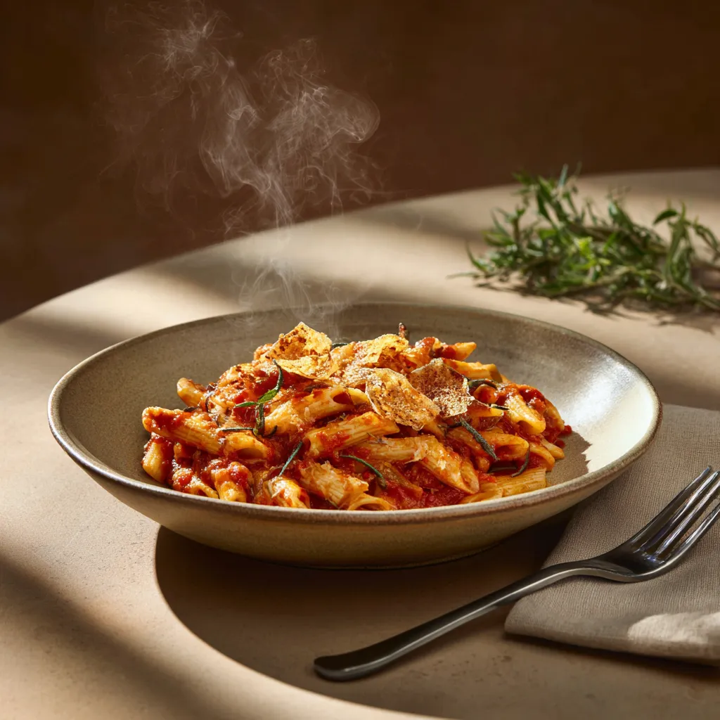 [6190] Pastas du jour Penne aux œufs sauce tomate à l'estragon tuile de parmesan et emmental