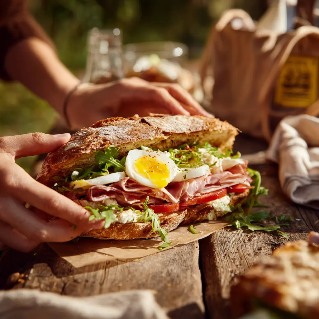 [4352] Pique -Mie "Le Complet Jambon" (baguette sandwich, jambon, oeuf dur, tomate, salade, mayonnaise)