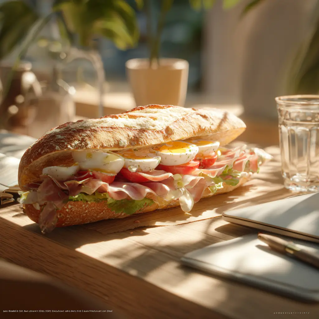 [6880] Pique -Mie "Le Complet Jambon" (baguette sandwich, jambon, oeuf dur, tomate, salade, mayonnaise)
