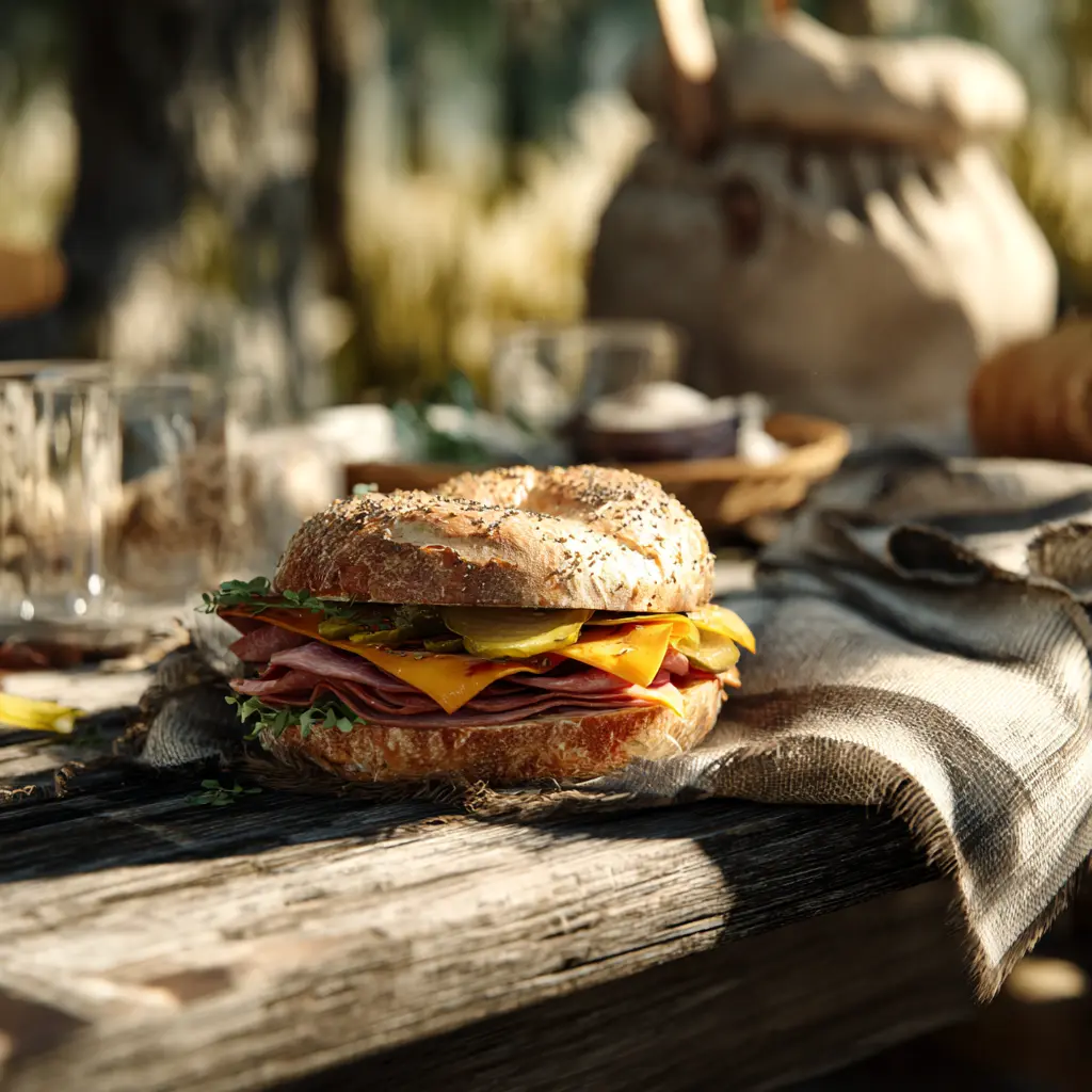 Pique -Mie "Le New Yorker" (bagel, pastrami, tomates,oeuf, salade, cheddar, cornichons américains, moutarde américaine)