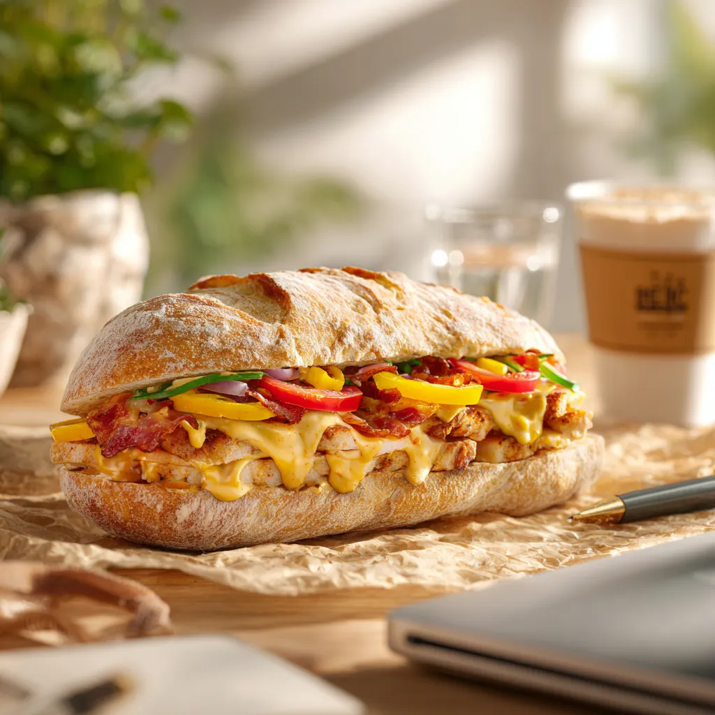 [6397] Pique -Mie "le ranch"(pain Ciabatta,poulet,bacon,tomate,poivron,oignon,sauce cheddar)