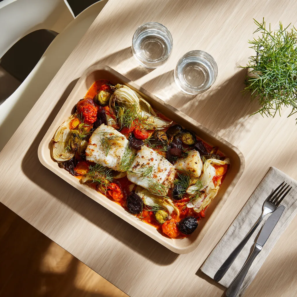 Lieu noir coulis de poivrons, fenouil étuvé et poélée de légumes